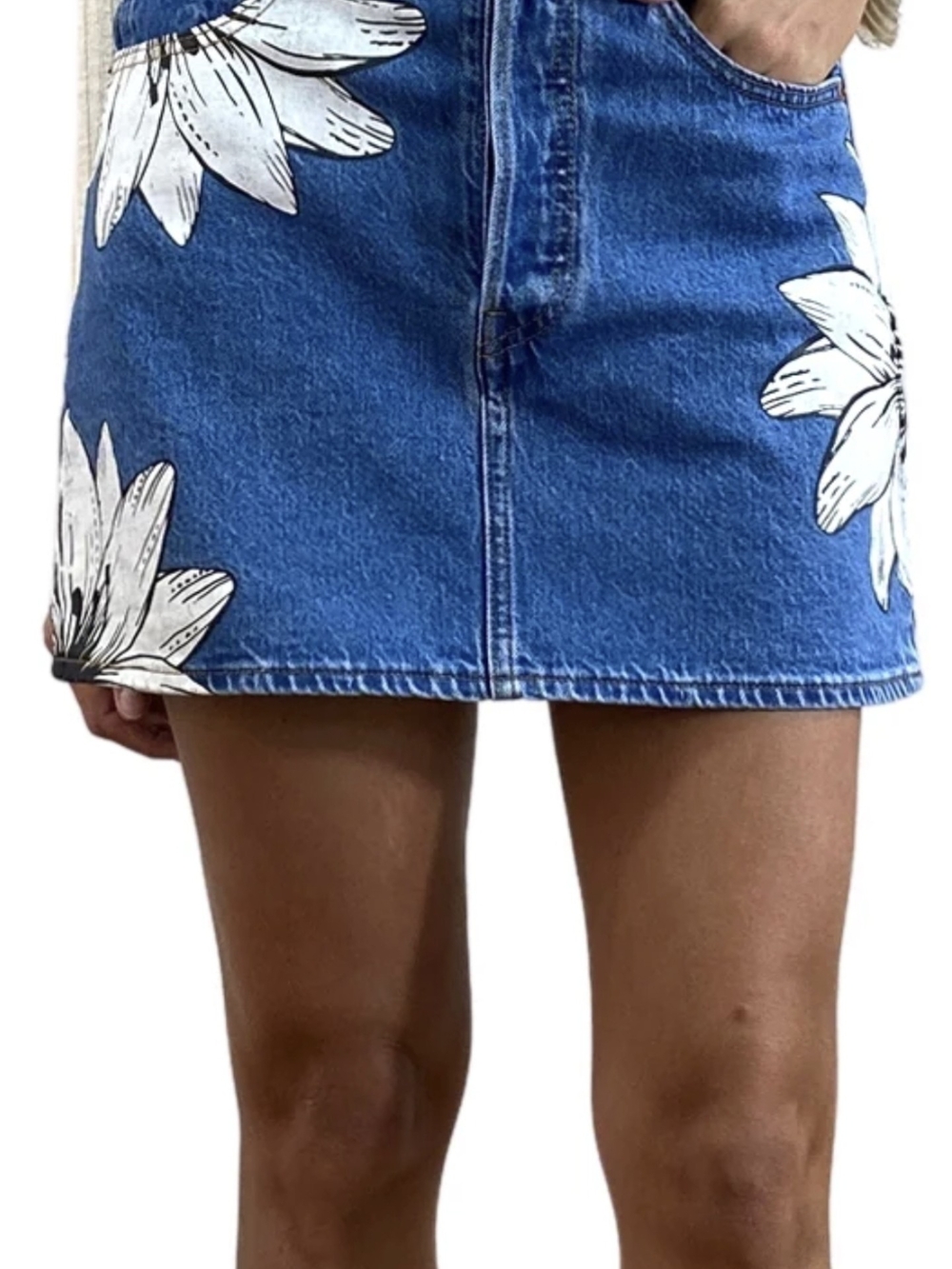 Levi's X Farn Rio Blue Denim Mini Skirt with White Daisy Print